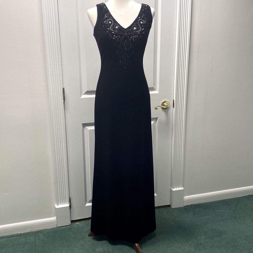 JS Collection black velvet beaded bodice gown. Worn once. Like new!